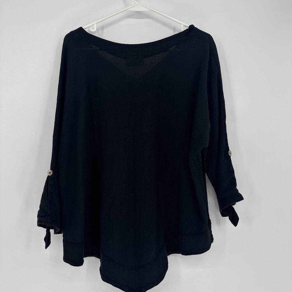 Cottonways Shirt Womens Size LARGE Black V-Neck Tunic 3/4 Roll Tab Sleeves Boho - Picture 8 of 10